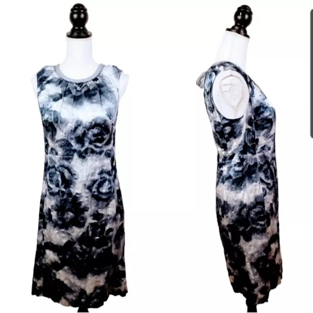 ANN TAYLOR Cocktail Dress, Blue White Silk Tie Dye Floral Sleeveless Career, 2